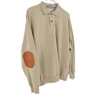 ORVIS L Tan Herringbone Polo Sweatshirt Leather Elbow Patches Eclectic Grandpa
